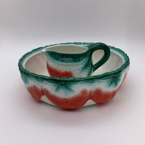 Vintage Mid Century 1950’s Majolica Salad Fruit Serving Bowl With 16 Oz Pitcher